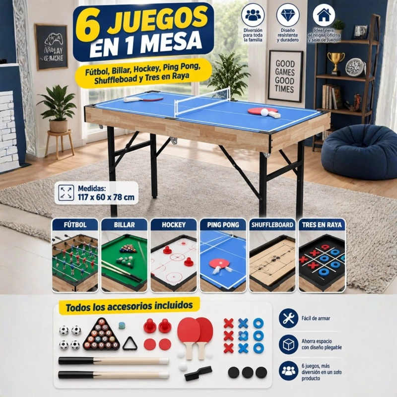 MESA MULTI MINI JUEGOS 6 EN 1 TACA TACA, PING PONG, POOLINA Y OTROS - 8