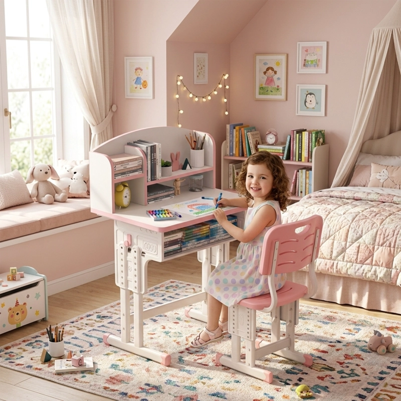 SET DE ESCRITORIO Y SILLA INFANTIL ALTURA AJUSTABLE  ULTRA RESISTENTE CON ESTANTERIA ROSA - 2