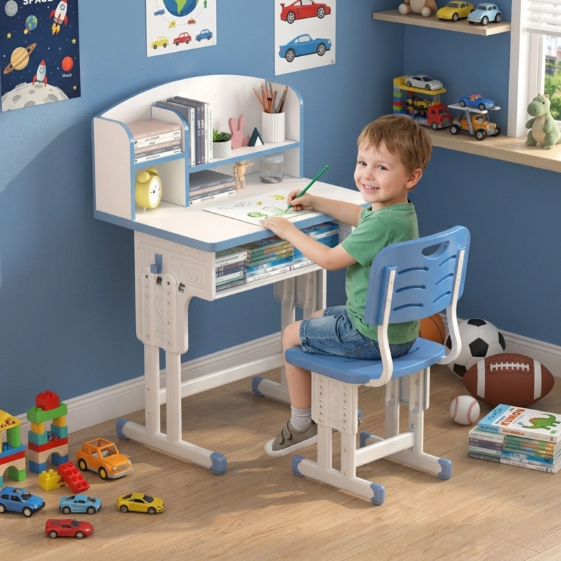 SET DE ESCRITORIO Y SILLA INFANTIL ALTURA AJUSTABLE  ULTRA RESISTENTE CON ESTANTERIA AZUL - 2