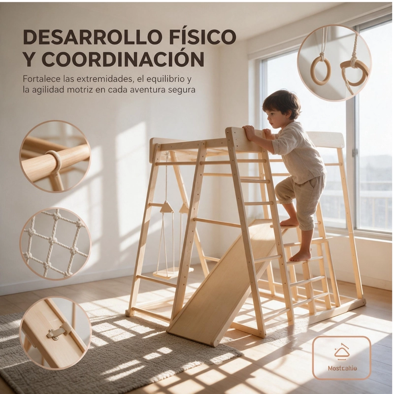 JUEGO INFANTIL DE MADERA INTERIOR EXTERIOR ESCALADOR, COLUMPIO, RESBALIN Y CUERDAS - 3
