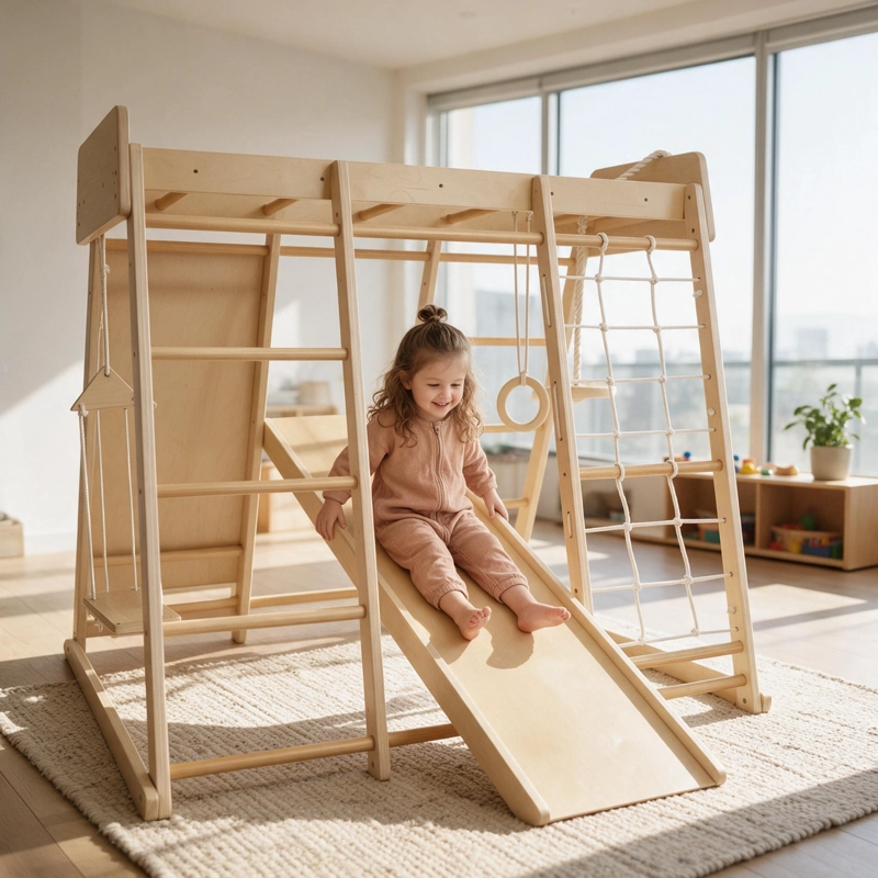 JUEGO INFANTIL DE MADERA INTERIOR EXTERIOR ESCALADOR, COLUMPIO, RESBALIN Y CUERDAS - 4