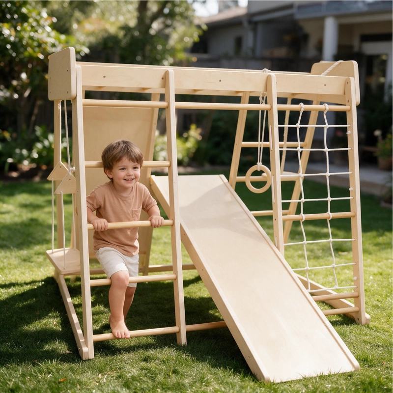 JUEGO INFANTIL DE MADERA INTERIOR EXTERIOR ESCALADOR, COLUMPIO, RESBALIN Y CUERDAS - 6