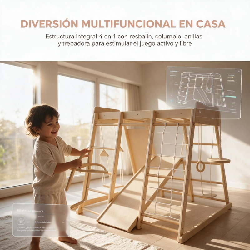 JUEGO INFANTIL DE MADERA INTERIOR EXTERIOR ESCALADOR, COLUMPIO, RESBALIN Y CUERDAS - 7