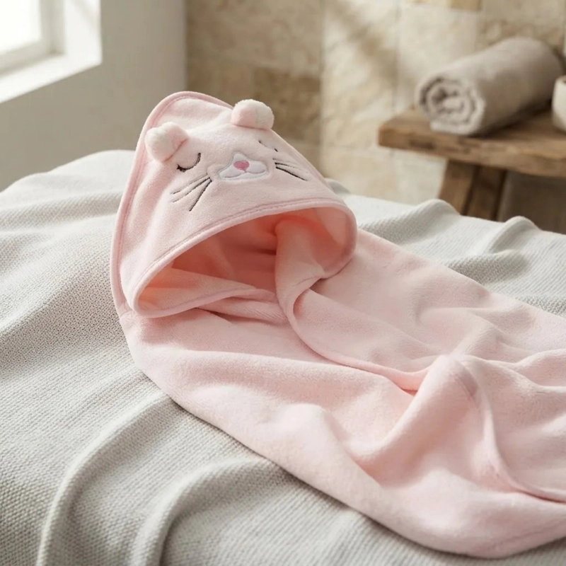 TOALLA Y CAPA PARA BAÑO DE ALGODON EXTRA SUAVE CON CAPUCHA GATITO ROSADO PARA BEBE S Y NIÑOS - 2