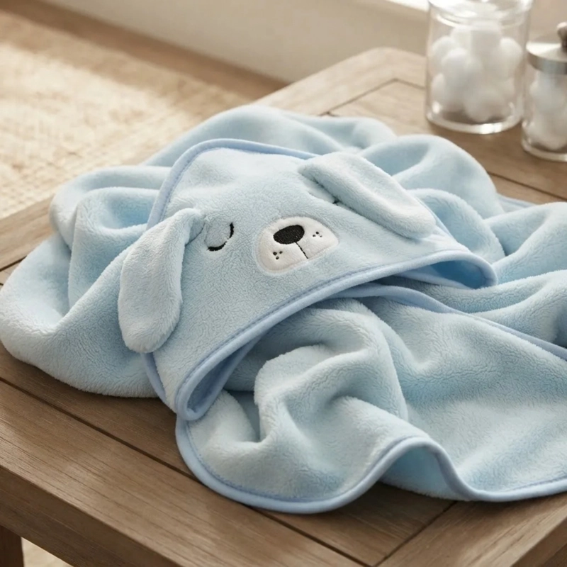 TOALLA Y CAPA PARA BAÑO DE ALGODON EXTRA SUAVE CON CAPUCHA PERRITO CELESTE PARA BEBE S Y NIÑOS - 2