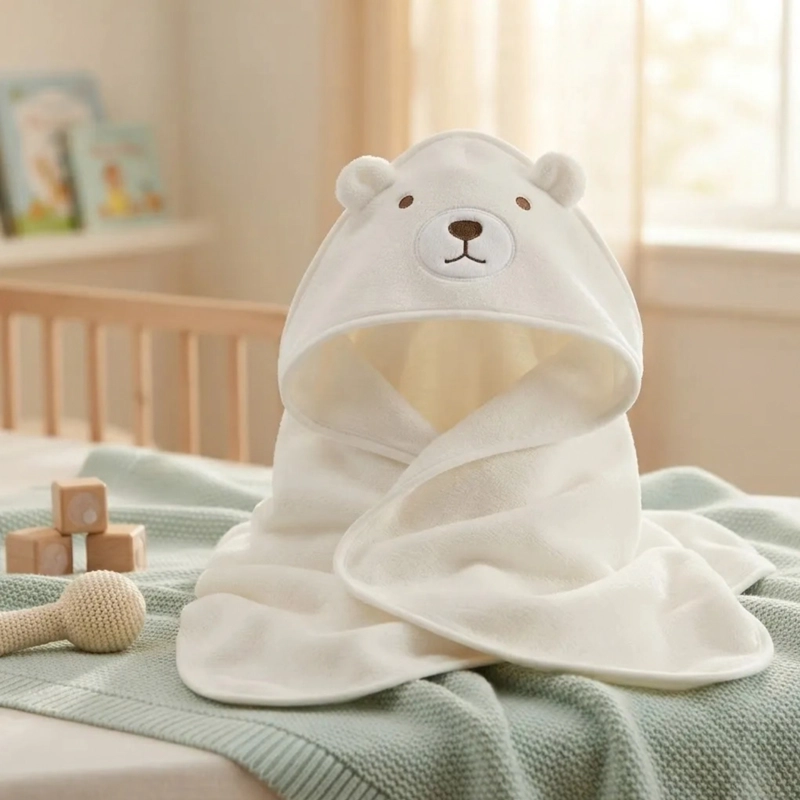 TOALLA Y CAPA PARA BAÑO DE ALGODON EXTRA SUAVE CON CAPUCHA OSO BLANCO PARA BEBE S Y NIÑOS - 2