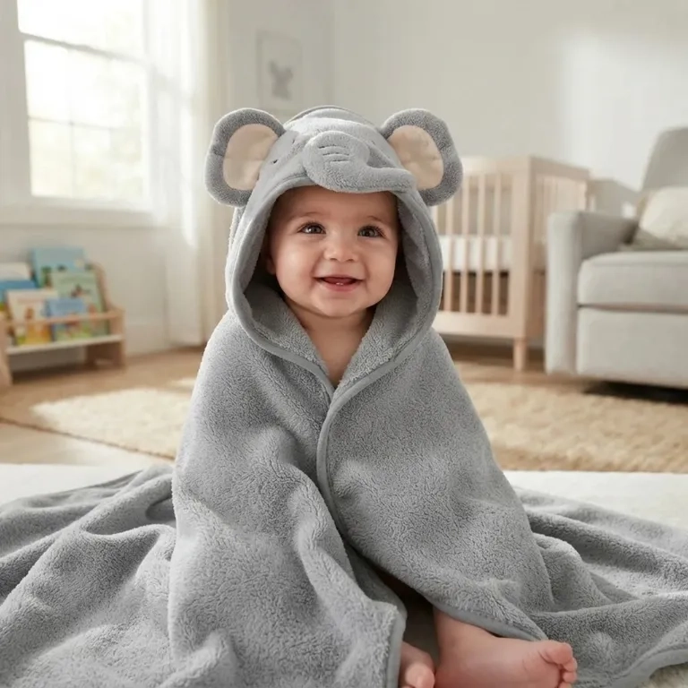 TOALLA Y CAPA PARA BAÑO DE ALGODON EXTRA SUAVE CON CAPUCHA ELEFANTE GRIS PARA BEBE S Y NIÑOS - 1