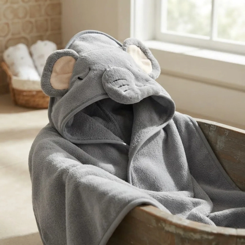 TOALLA Y CAPA PARA BAÑO DE ALGODON EXTRA SUAVE CON CAPUCHA ELEFANTE GRIS PARA BEBE S Y NIÑOS - 4