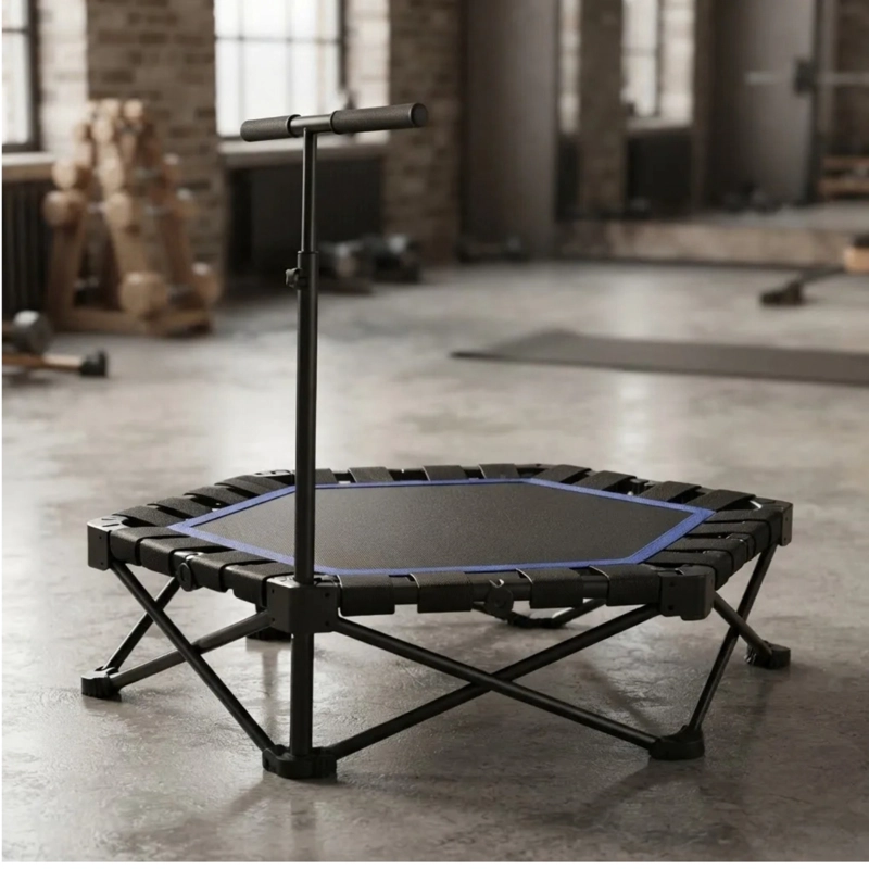 MINI TRAMPOLIN FITNESS HEXAGONAL CON BARRA DE APOYO CENTRAL AZUL - 2