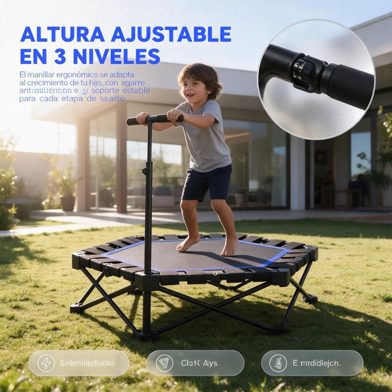 MINI TRAMPOLIN FITNESS HEXAGONAL CON BARRA DE APOYO CENTRAL AZUL - 4