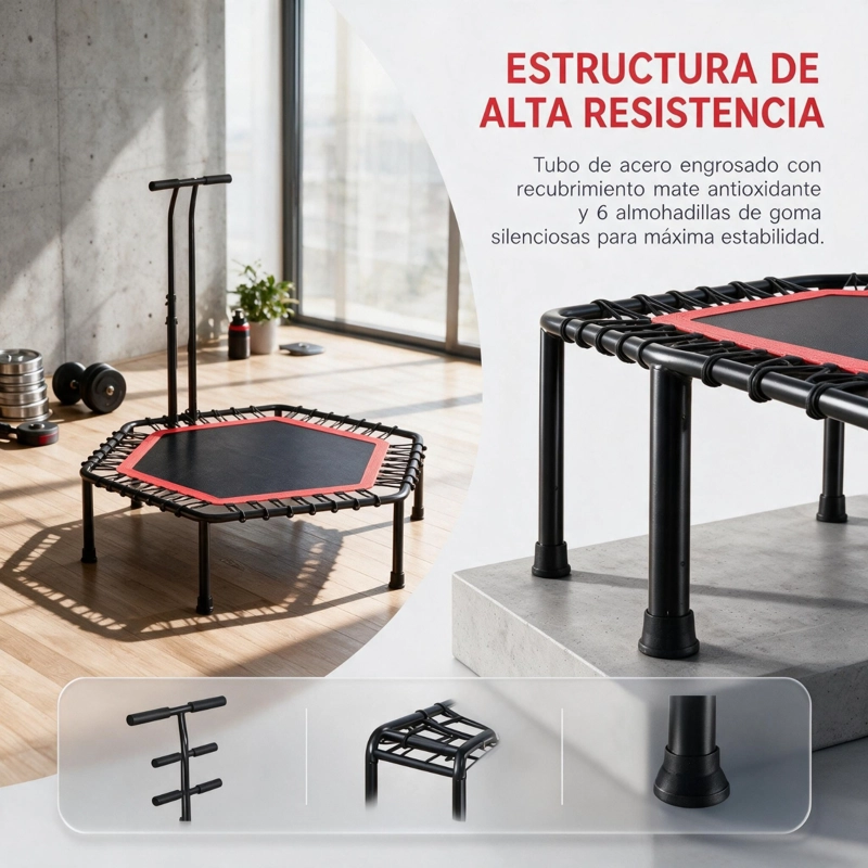 MINI TRAMPOLIN FITNESS HEXAGONAL CON BARRA DE APOYO CENTRAL ROJO - 4