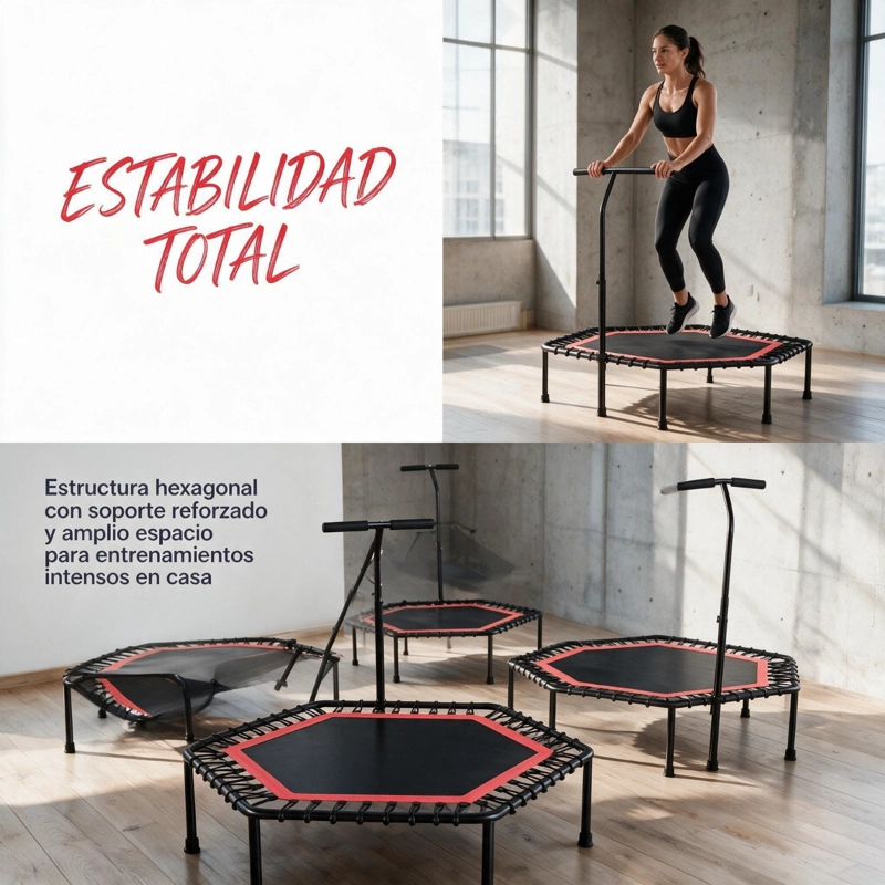 MINI TRAMPOLIN FITNESS HEXAGONAL CON BARRA DE APOYO CENTRAL ROJO - 5