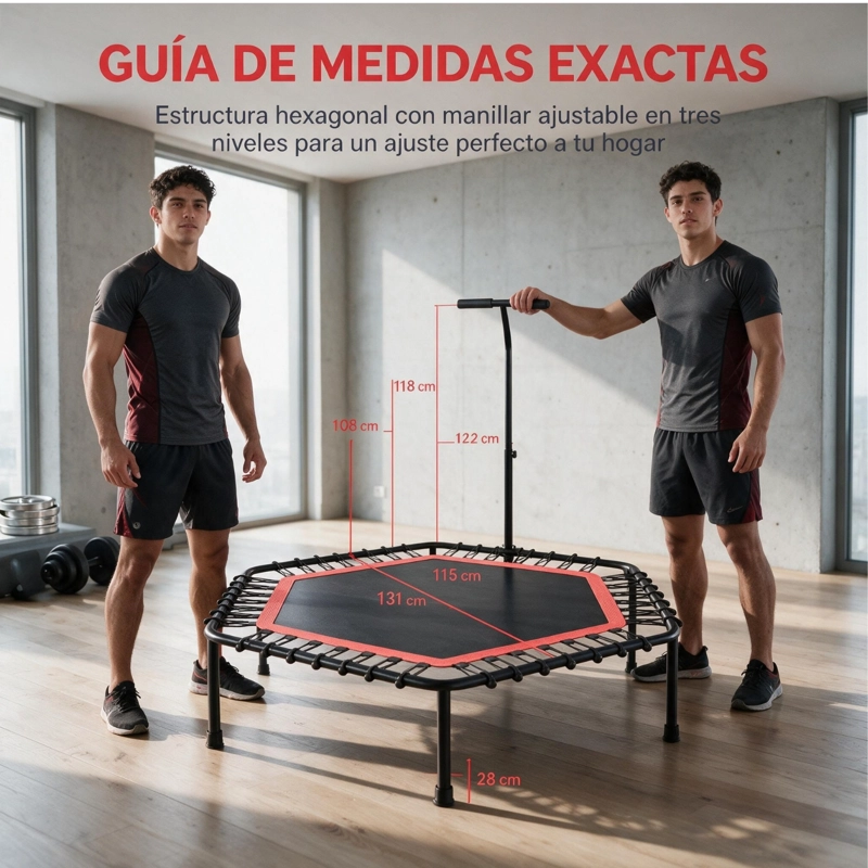 MINI TRAMPOLIN FITNESS HEXAGONAL CON BARRA DE APOYO CENTRAL ROJO - 6