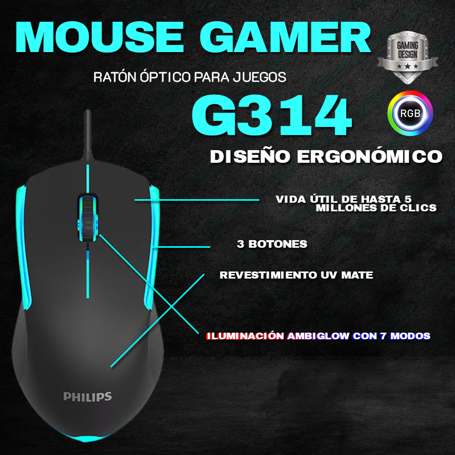 Ripley - MOUSE GAMER PHILIPS SPK9314B G314 RGB 3 BOTONES 3600 DPI