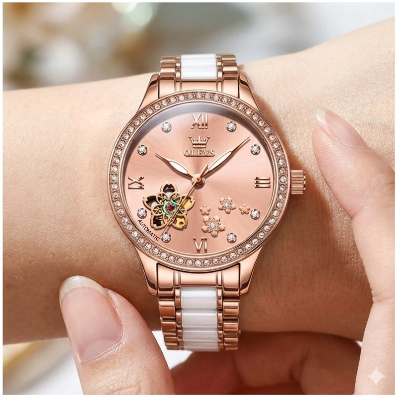RELOJ AUTOMATICO ELEGANTE PARA MUJER CON CORREA DE ACERO INOXIDABLE Y CERAMICA CRISTALES DECORATIVOS - 1