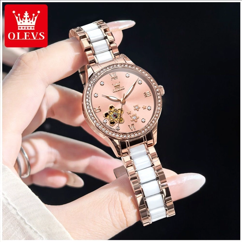 RELOJ AUTOMATICO ELEGANTE PARA MUJER CON CORREA DE ACERO INOXIDABLE Y CERAMICA CRISTALES DECORATIVOS - 3
