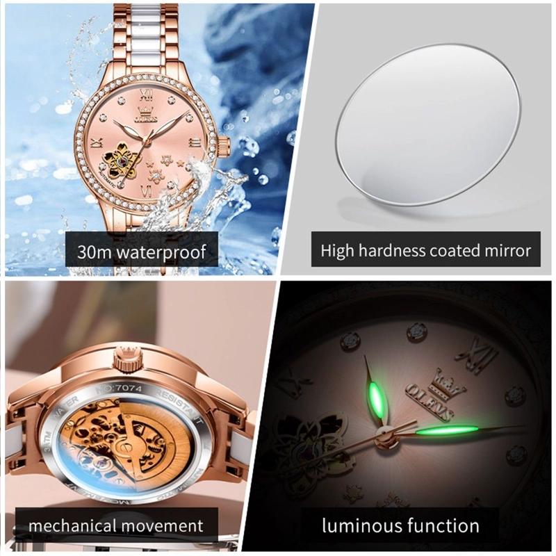 RELOJ AUTOMATICO ELEGANTE PARA MUJER CON CORREA DE ACERO INOXIDABLE Y CERAMICA CRISTALES DECORATIVOS - 8