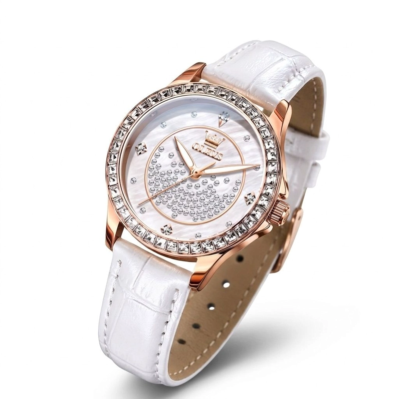 RELOJ ANALOGICO DE MUJER ELEGANTE CON CORREA BLANCA CRISTALES DECORATIVO CALENDARIO - 3