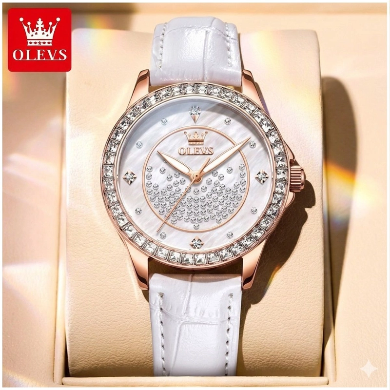RELOJ ANALOGICO DE MUJER ELEGANTE CON CORREA BLANCA CRISTALES DECORATIVO CALENDARIO - 4