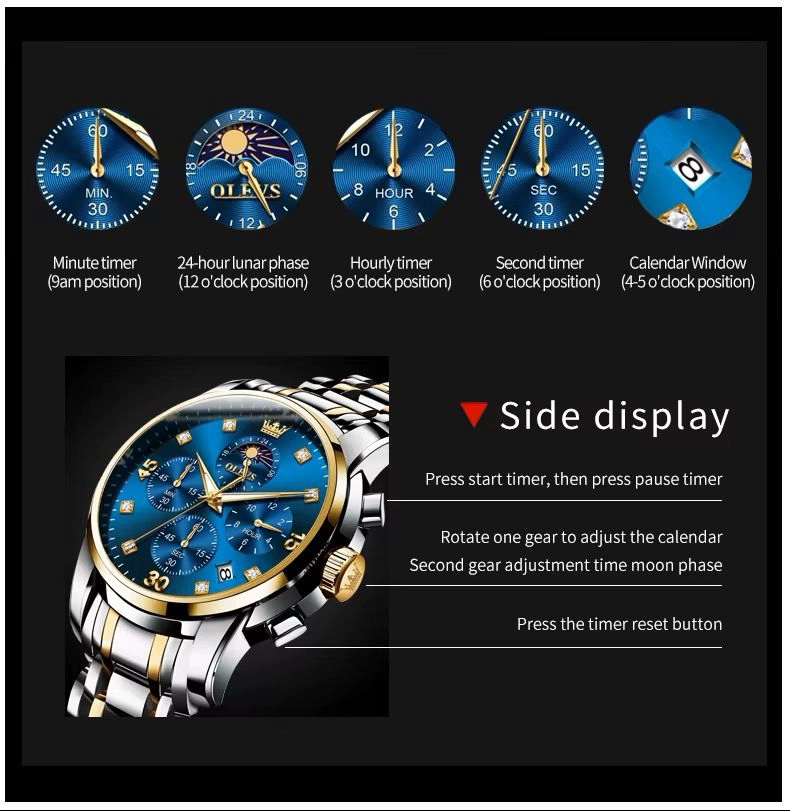 RELOJ HOMBRE LUJO DEPORTIVO Y ELEGANTE CON CRONOGRAFO FASE LUNAR - 6