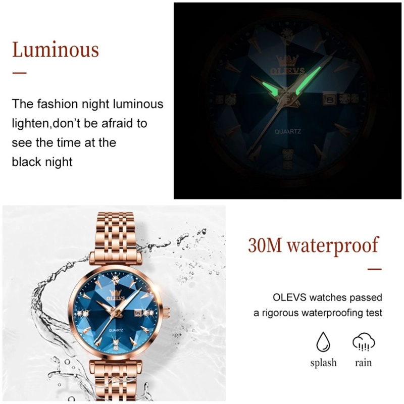 RELOJ LUJO PARA MUJER CON ESFERA AZUL FACETADA CRISTALES DECORATIVOS - 3
