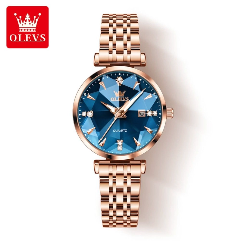RELOJ LUJO PARA MUJER CON ESFERA AZUL FACETADA CRISTALES DECORATIVOS - 7