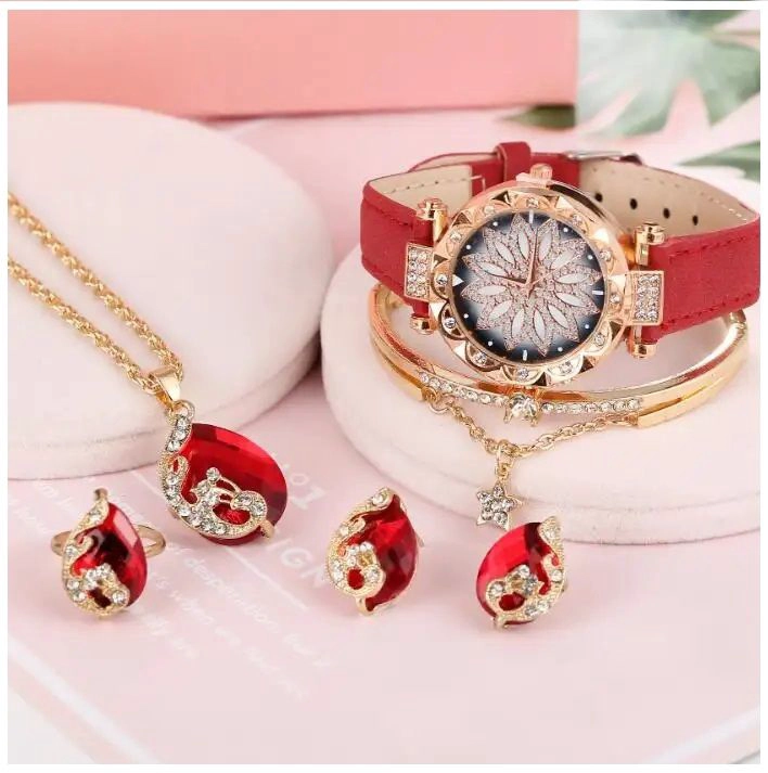 SET DE LUJO PARA MUJERES CON RELOJ COLGANTE AROS ANILLO Y PULSERA - 1