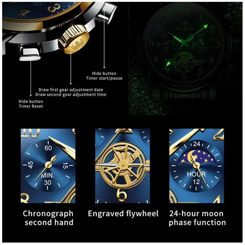 RELOJ CRONOGRAFO DE LUJO HOMBRE FASE LUNAR CUARZO JAPONE S 30ATM - 5