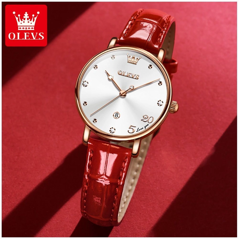 RELOJ FEMENINO DE CUARZO CON CORREA DE CUERO ROJO Y ESFERA DECORATIVA - 1