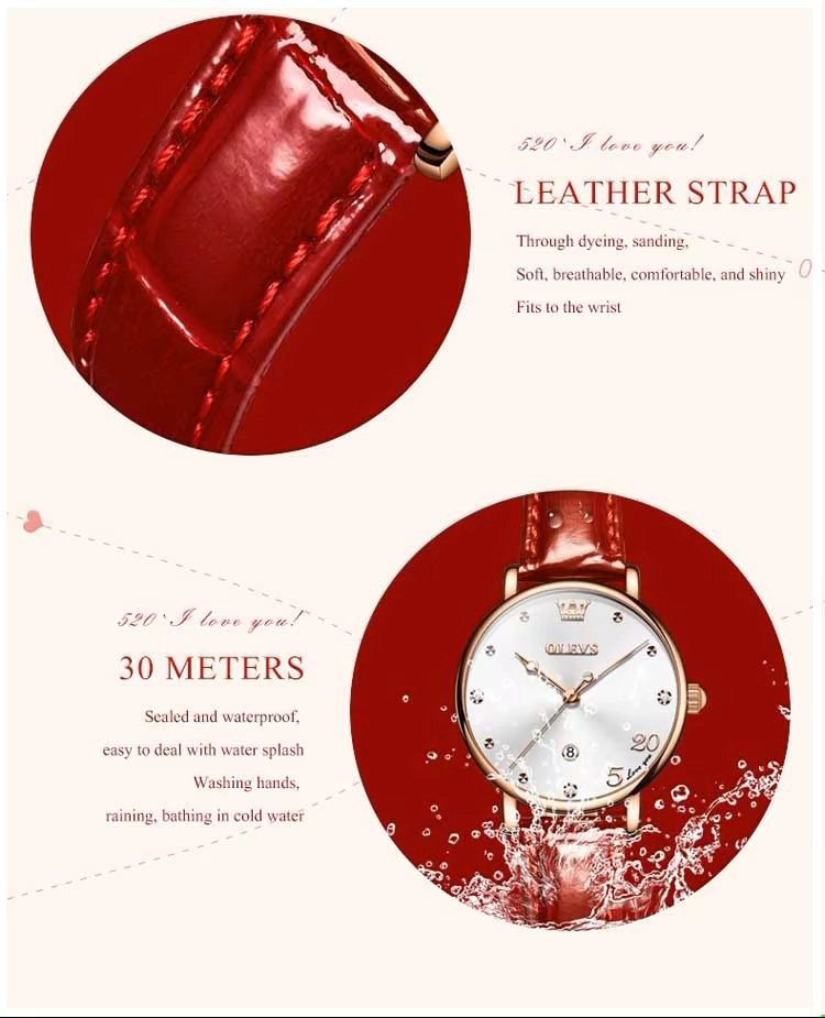 RELOJ FEMENINO DE CUARZO CON CORREA DE CUERO ROJO Y ESFERA DECORATIVA - 2