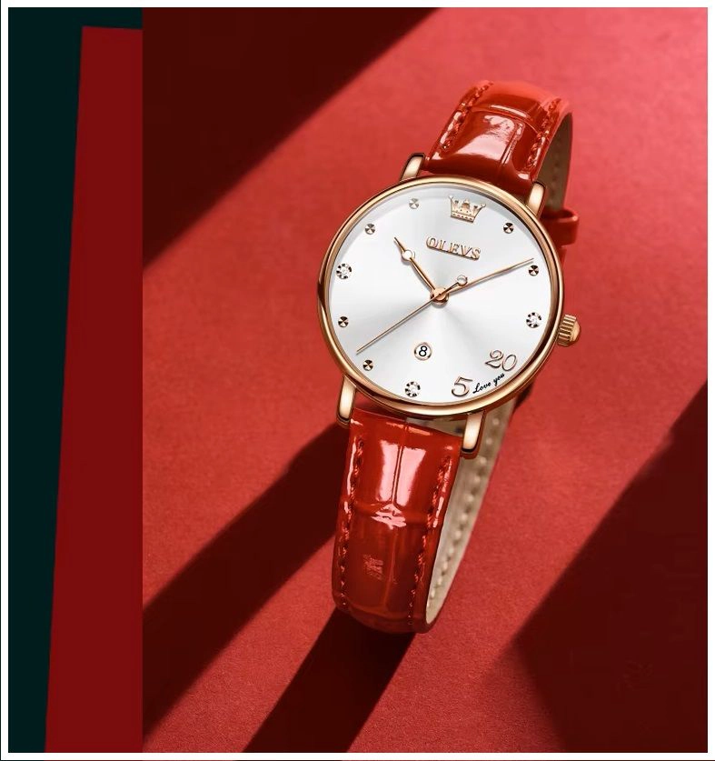 RELOJ FEMENINO DE CUARZO CON CORREA DE CUERO ROJO Y ESFERA DECORATIVA - 5