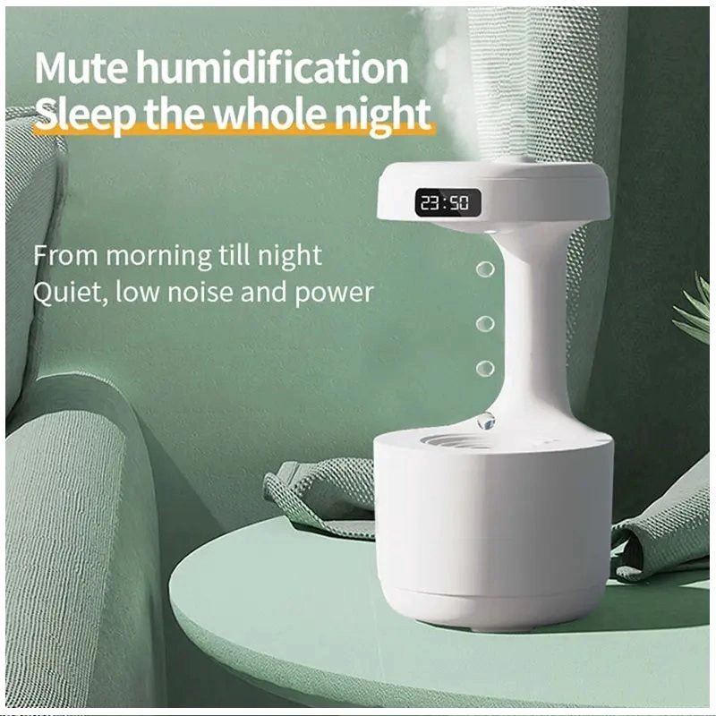 HUMIDIFICADOR ANTIGRAVEDAD GOTA AGUA RECARGABLE CON RELOJ LUZ CALIDA - 2