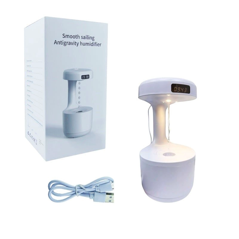 HUMIDIFICADOR ANTIGRAVEDAD GOTA AGUA RECARGABLE CON RELOJ LUZ CALIDA - 4