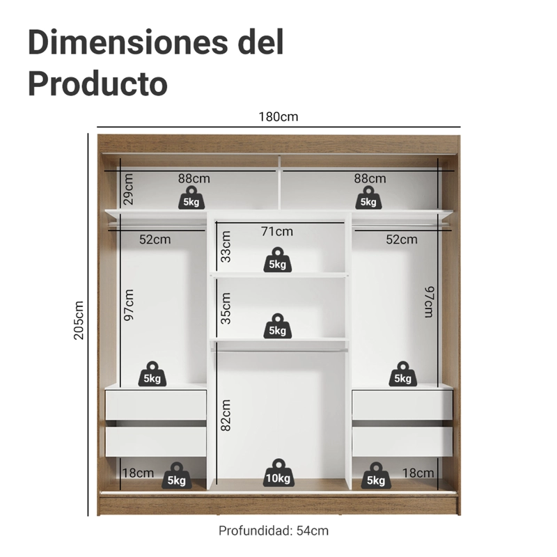 CLOSET MADESA RENO 3 PUERTAS CON 2 ESPEJOS MARRON/BLANCO - 3
