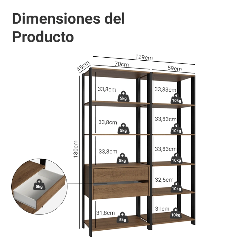 ESTANTE MULTIUSO MADESA 129 CM 9 REPISAS 2 CAJONES MARRON/NEGRO - 3