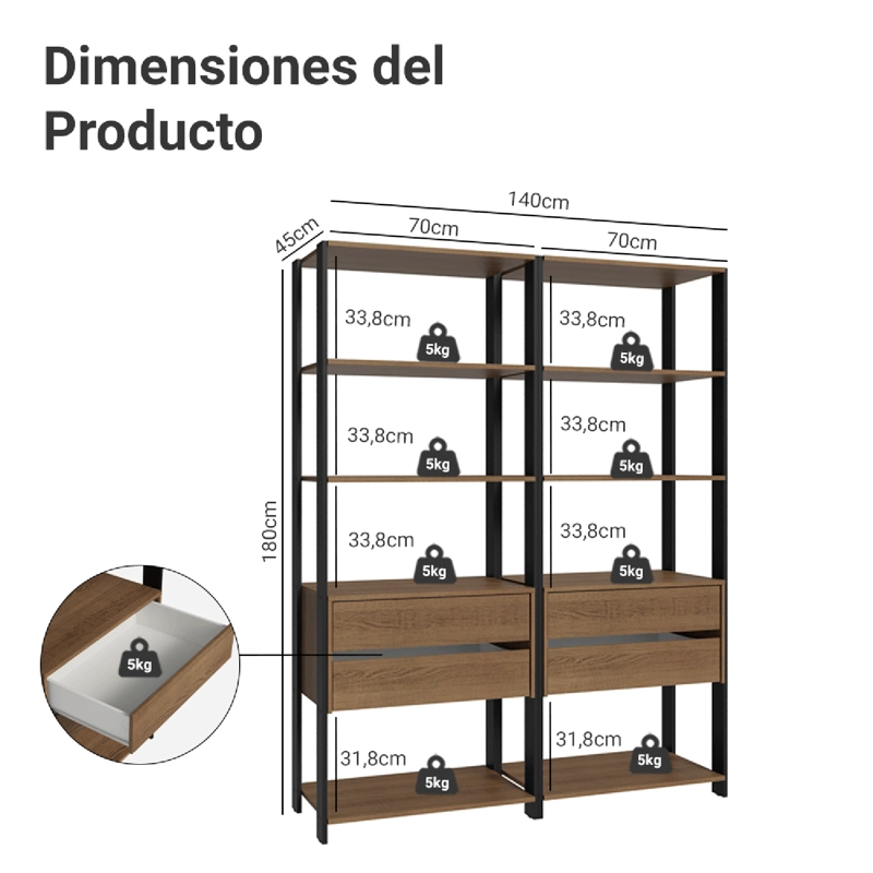 ESTANTE LIBRERO MADESA 140 CM 8 REPISAS 4 CAJONES MARRON/NEGRO - 3