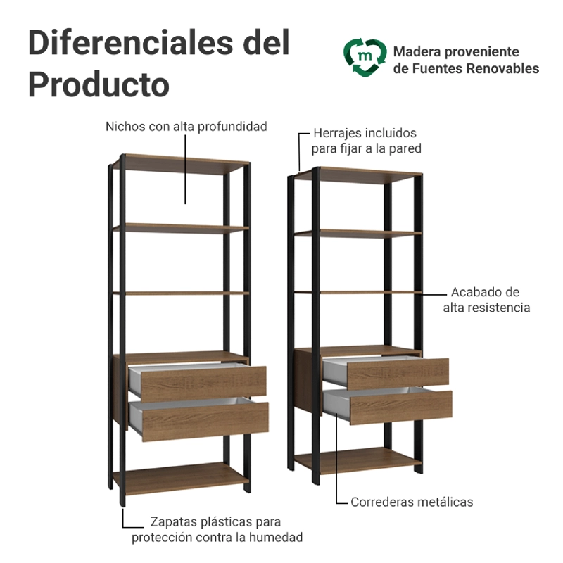 ESTANTE LIBRERO MADESA 140 CM 8 REPISAS 4 CAJONES MARRON/NEGRO - 4