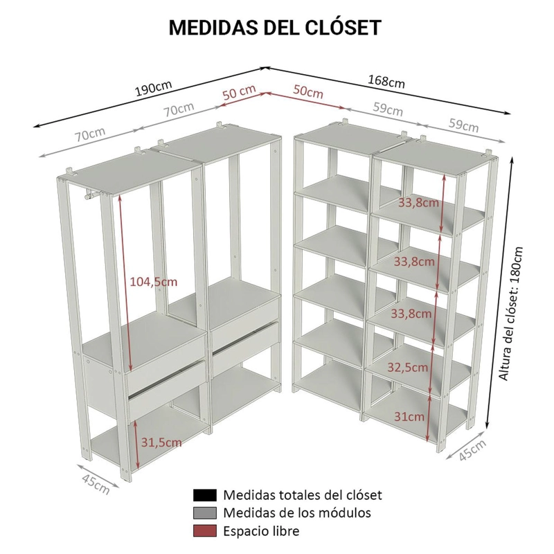 CLOSET ABIERTO MADESA VALENCIA 258 CM 4 CAJONES 03 MARRON/NEGRO - 2