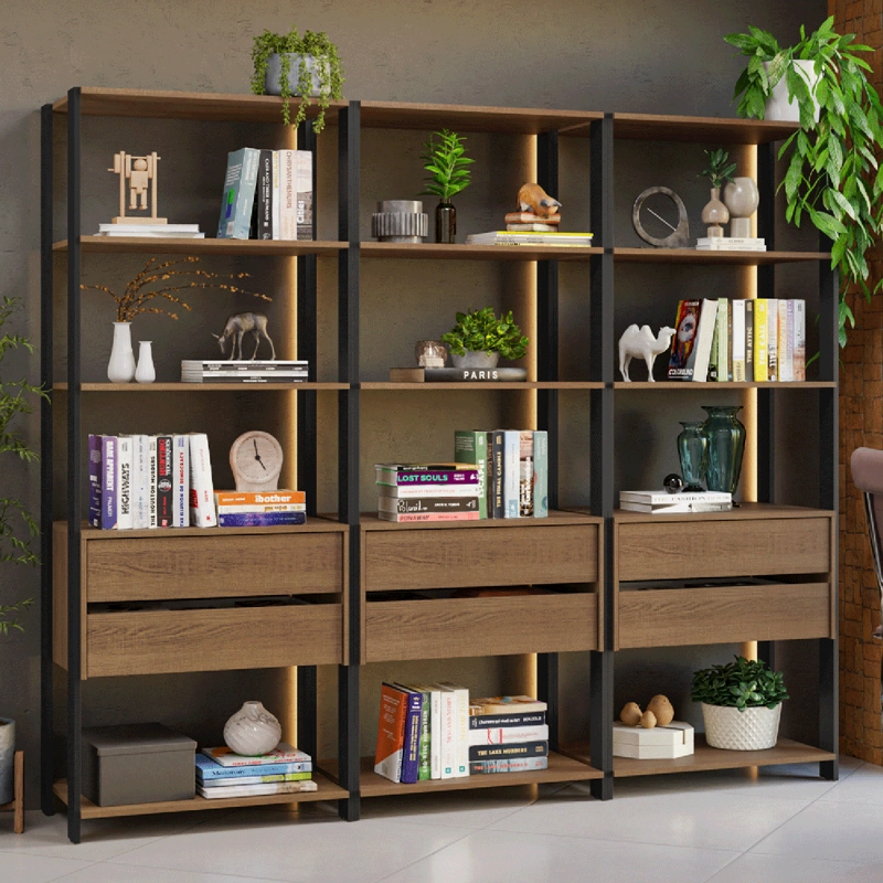 ESTANTE LIBRERO MADESA 210 CM 12 REPISAS 6 CAJONES MARRON/NEGRO