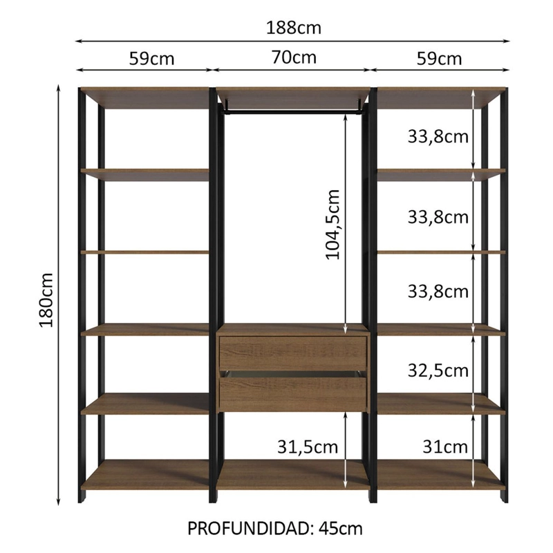 CLOSET ABIERTO MADESA VALENCIA 188 CM 2 CAJONES MARRON/NEGRO - 2