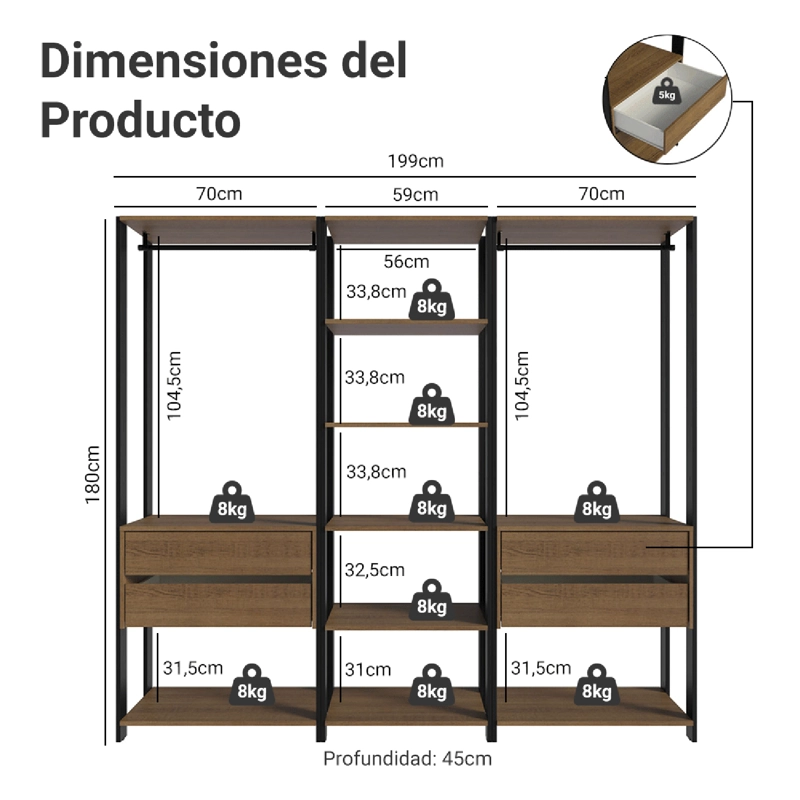 CLOSET ABIERTO MADESA VALENCIA 199 CM 4 CAJONES MARRON/NEGRO - 3