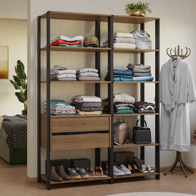 CLOSET ABIERTO MADESA VALENCIA 129 CM 9 REPISAS 2 CAJONES MARRON/NEGRO - 1