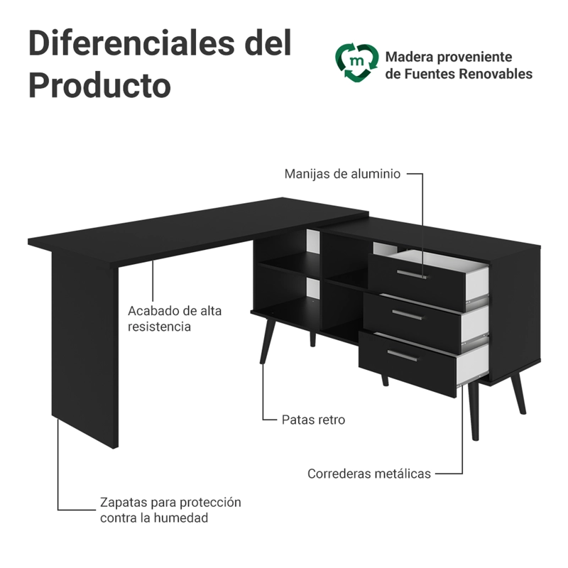 ESCRITORIO DE ESTUDIO EN L MADESA LISBOA 3 CAJONES NEGRO - 5