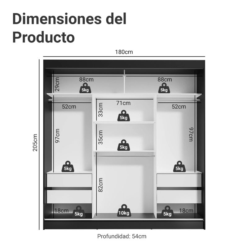 CLOSET MADESA RENO 3 PUERTAS CORREDIZAS CON 2 ESPEJOS NEGRO - 2