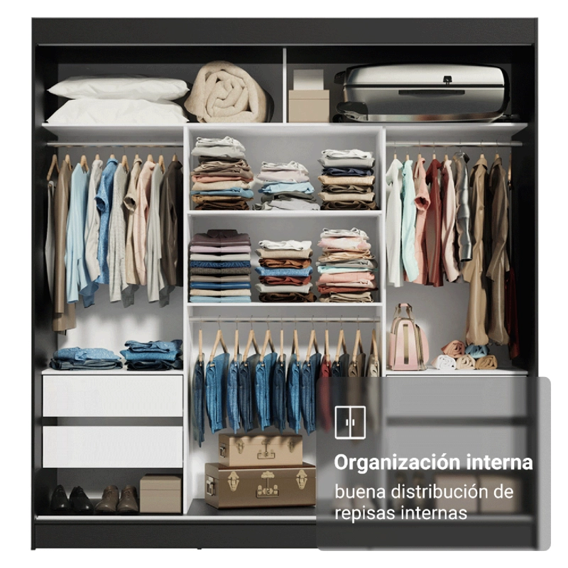 CLOSET MADESA RENO 3 PUERTAS CORREDIZAS CON 2 ESPEJOS NEGRO - 3