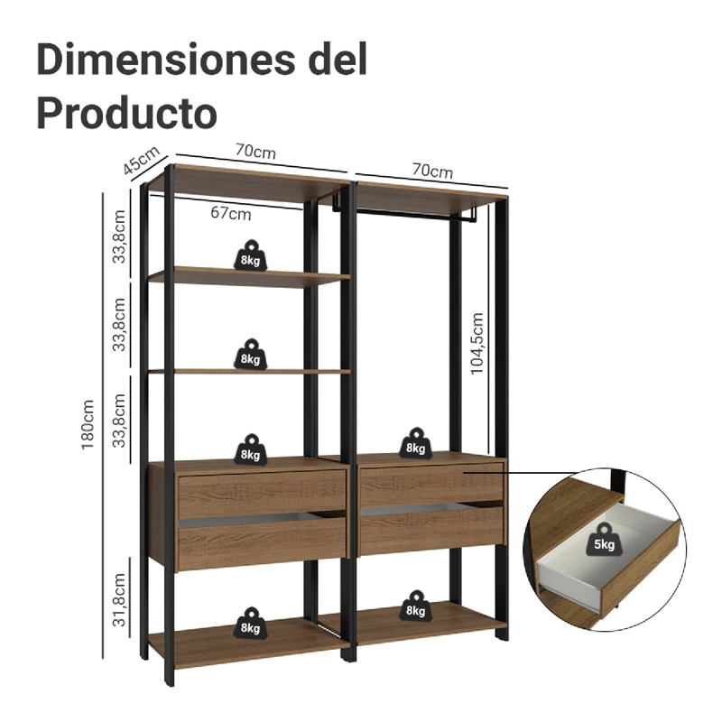 CLOSET ABIERTO MADESA VALENCIA 140 CM 4 CAJONES MARRON/NEGRO - 3