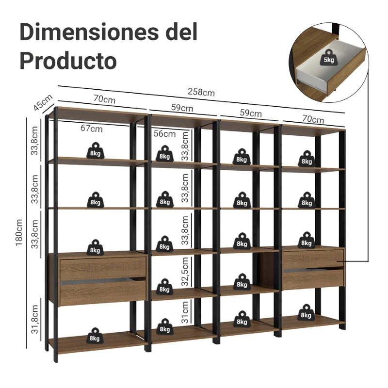CLOSET ABIERTO MADESA VALENCIA 258 CM 18 REPISAS 4 CAJONES MARRON/NEGRO - 3