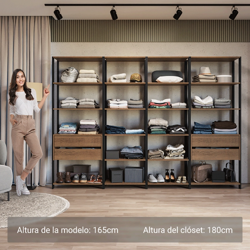 CLOSET ABIERTO MADESA VALENCIA 258 CM 18 REPISAS 4 CAJONES MARRON/NEGRO - 4