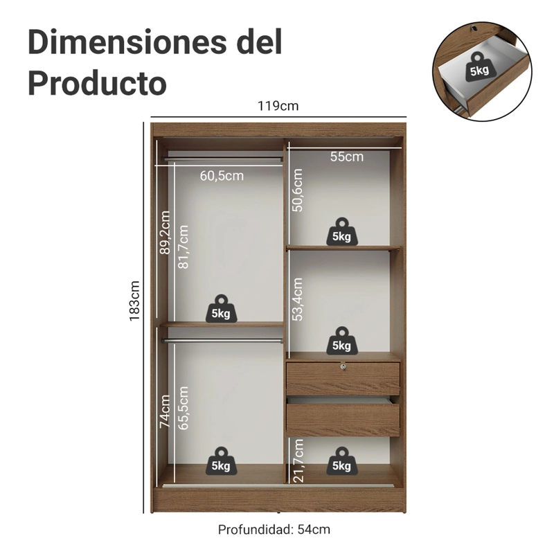 CLOSET MADESA LUKE 2 PUERTAS CORREDIZAS CON 1 ESPEJO MARRON - 3