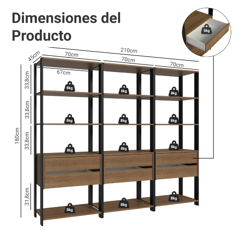 CLOSET ABIERTO MADESA VALENCIA 210 CM 6 CAJONES MARRON/NEGRO - 3